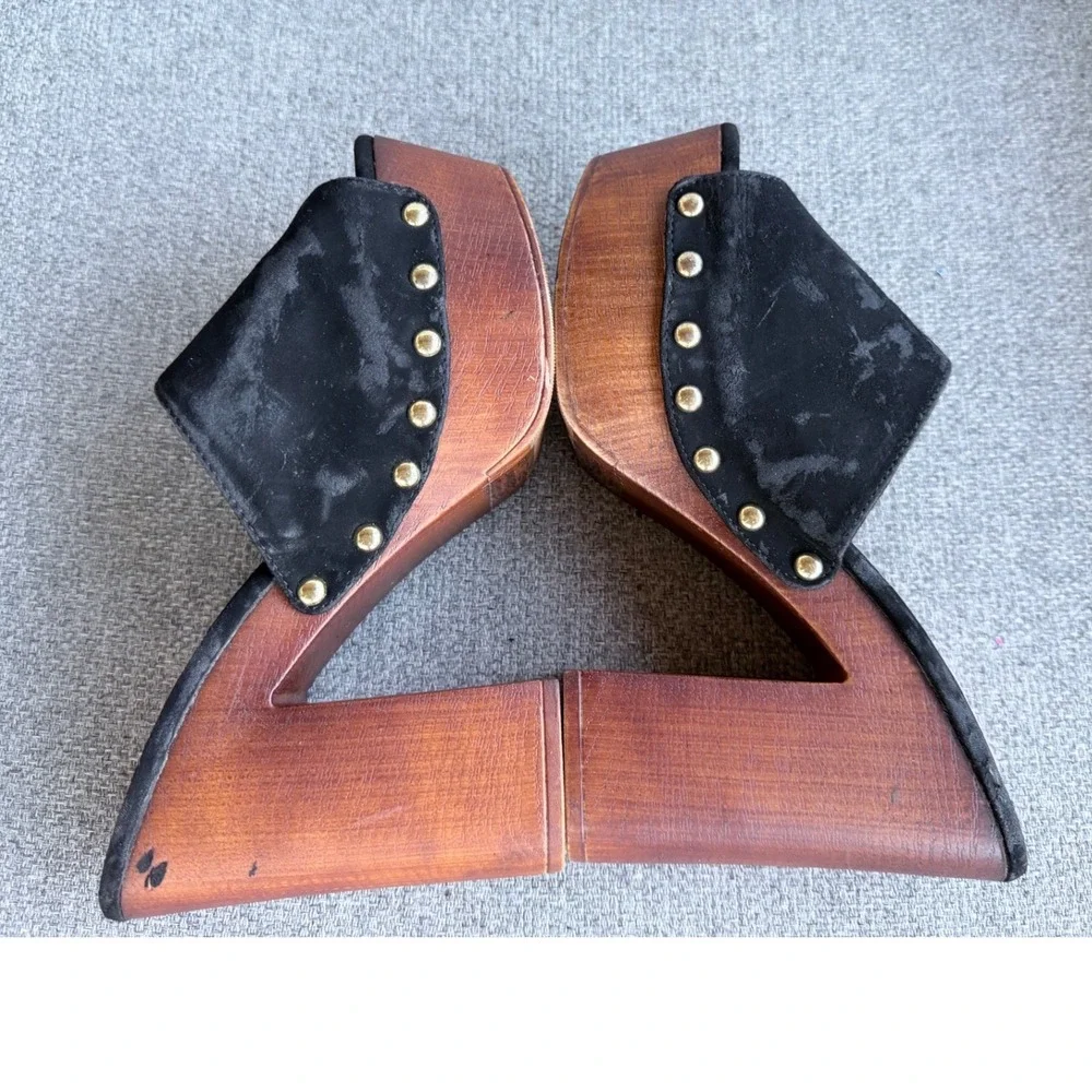 Qupid Platform Mules Womens 7.5 Black Good Studded Wood Block Heel Sandals